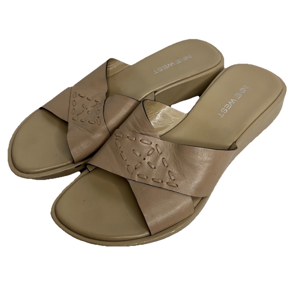 Nine West Leather Slide Sandals 7.5 Tan Comfort Low Wedge Boho Slip On Y2K